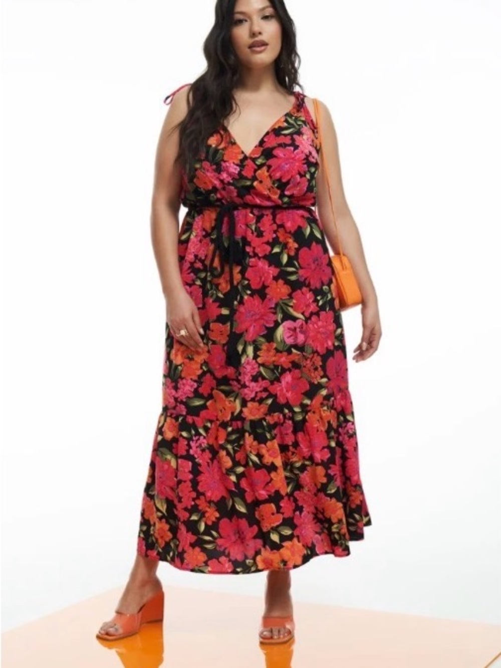 Addition Elle Black Maxi Dress with Pink & Orange Floral Print